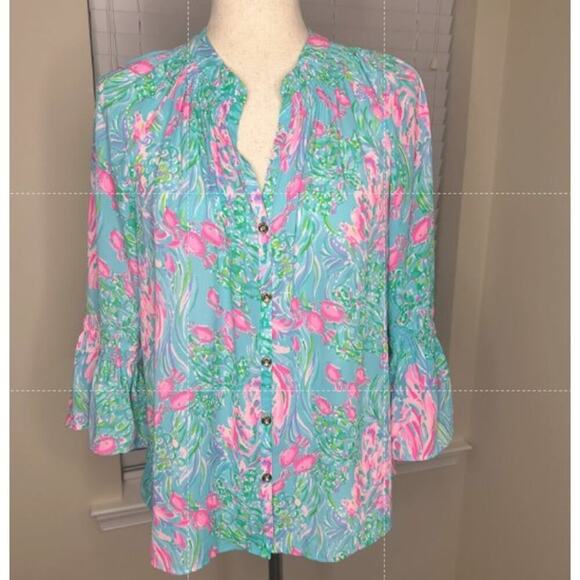 Lilly Pulitzer Blouse Size Small Gold Buttons Fish Pink V Neck Sport - Picture 1 of 4